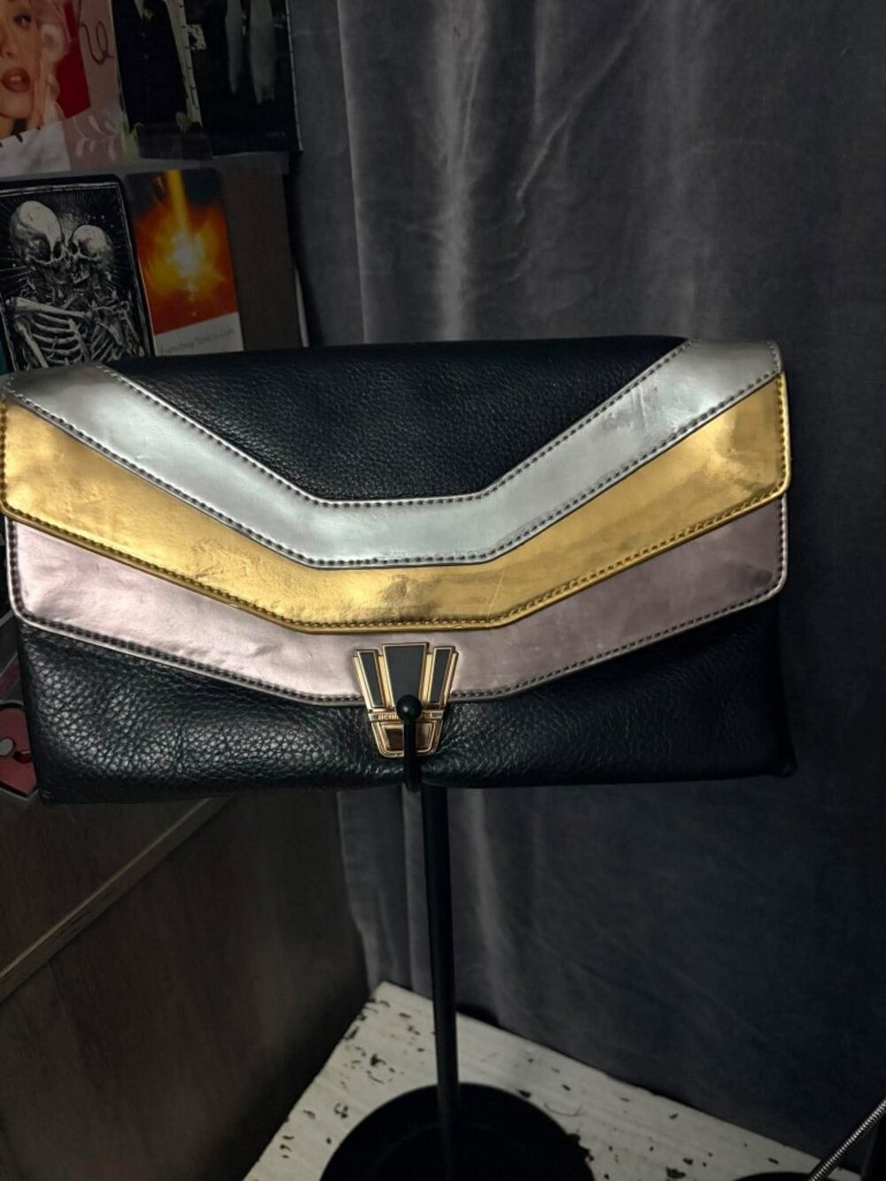 **Henri Bendel Vintage Metallic Art Deco Envelope Clutch Black Gold Silver**